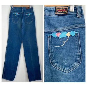 Vintage Bon Bon PAtchwork Detail High Waist Wide Leg Medium Wash Jeans 24